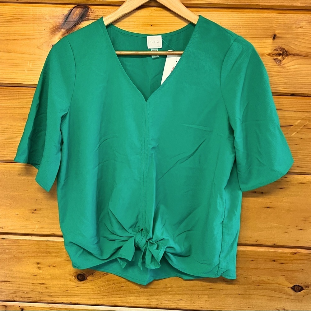 NWOT Cupio Green Summer Top Size Crinkled V Neck Short Sleeve Small Blouse